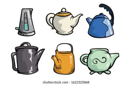 Different shapes and colors of teapots with tea vector illustration