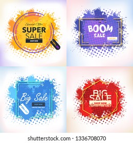 Different Shapes and Colors Vector Watercolors Geometric Frames Style Shopping Theme Website Banner, Card, Flyer, Tag Ad Design Set