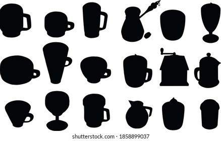 Different shapes of cups. Black silhouettes of mugs.