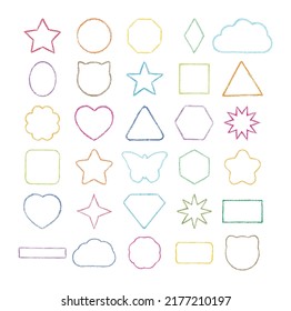 Different Shapes Drawn with Chalk Crayon and Wax Pencil. Frames for Children Design. Set. Line Stroke Baby style. Bright Colors. White background. Vector image for Kids Design Element and Text.