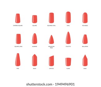 Different shapes of female invoices nails with red polish for fashion manicure