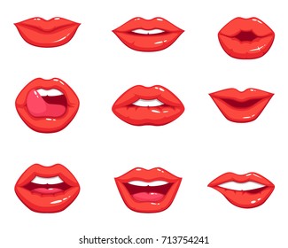 Different shapes of female sexy red lips. Vector illustrations in cartoon style. Sexy lips makeup, kiss mouth