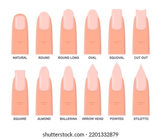 Different shapes of fingernails vector illustrations set. Collection of cartoon drawings of pink nails of round, square, oval shapes isolated on white background. Nail art, beauty salon concept