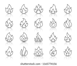 Different shapes of fire thin line icons set. Outline web sign kit of bonfire. Flame linear icon collection includes danger, heat, flare. Simple fire black symbol with reflection vector Illustration