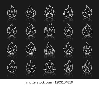 Different shapes of fire thin line icons set. Outline web sign kit of bonfire. Flame linear icon collection includes danger, heat, flare. Simple fire white symbol with reflection vector Illustration