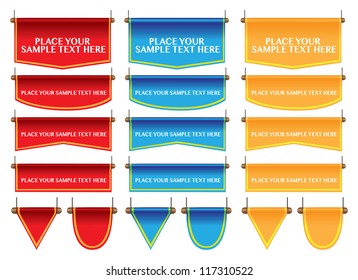 Different shapes of flag/banner in three colors and own area for copy. Vector illustration.