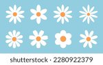 Different shapes of flowers on a blue background. Spring-summer flower collection