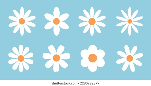 Different shapes of flowers on a blue background. Spring-summer flower collection