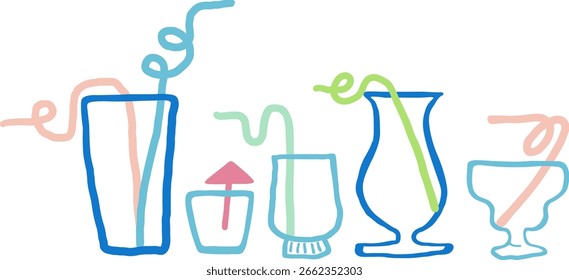 different shapes glass with straws set in hand drawn style in vector. Elements for design advertisement stickers posts poster print postcard banner menu decor backgrounds