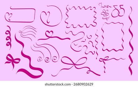 Different shapes hand drawn ribbon set, including frames, hearts, rings, ribbon, and more for a wedding, party cards, and other graphic design projects.
