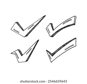 Different shapes hand-drawn doodle of four checkmark symbols.