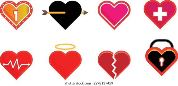different shapes of heart in different color, collection of heart, broken heart , love symbol icon set, love heart illustration