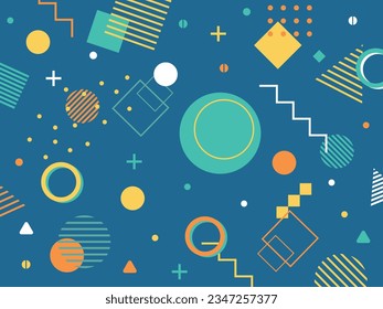 Different shapes isolated on a blue background. Colorful pattern in Memphis 80s-90s style. Abstract memphis background. Use in web design, print. Vector illustration.
