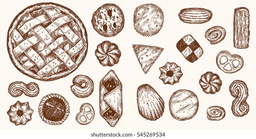 Different shapes and kinds cookies and bakery goods isolated on background - elements for design, hand drawn vector illustrations in retro vintage engraving style. For cafe menu, recipe, packaging.