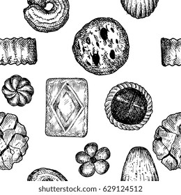 Different shapes and kinds cookies and bakery goods seamless pattern with white background - design for paper, textile, hand drawn vector illustration in retro vintage engraving style.
