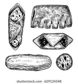 Different shapes and kinds cookies and bakery goods isolated on background - elements for design, hand drawn vector illustrations in retro vintage engraving style. For cafe menu, recipe, packaging.