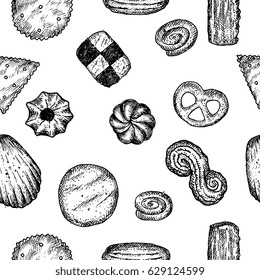 Different shapes and kinds cookies and bakery goods seamless pattern with white background - design for paper, textile, hand drawn vector illustration in retro vintage engraving style.