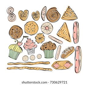 Different shapes and kinds cookies and bakery goods isolated on background - elements for design, hand drawn vector illustrations in modern playful sketch style. For cafe menu, recipe, packaging.