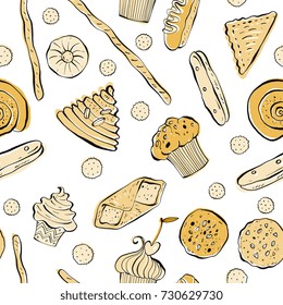 Different shapes and kinds cookies and bakery goods isolated on background - seamless pattern, hand drawn vector illustrations in modern playful sketch style. For textile, packaging, wrapping paper.