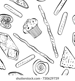 Different shapes and kinds cookies and bakery goods isolated on background - seamless pattern, hand drawn vector illustrations in modern playful sketch style. For textile, packaging, wrapping paper.