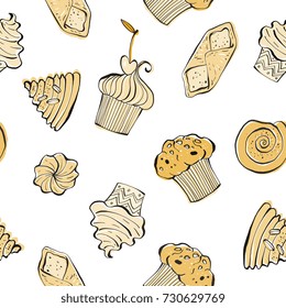 Different shapes and kinds cookies and bakery goods isolated on background - seamless pattern, hand drawn vector illustrations in modern playful sketch style. For textile, packaging, wrapping paper.