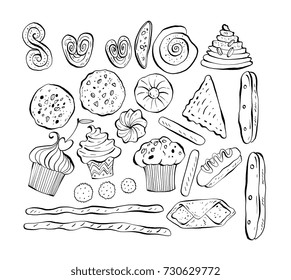 Different shapes and kinds cookies and bakery goods isolated on background - elements for design, hand drawn vector illustrations in modern playful sketch style. For cafe menu, recipe, packaging.