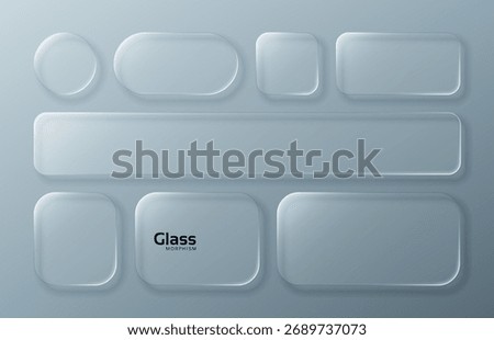 Different shapes of liquid glass morphism elements on a light blue background. Modern UI UX design components for app interfaces and web templates.
