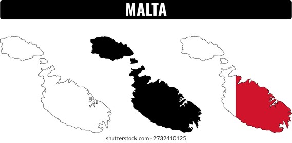 Diferentes formas de Malta mostradas em preto, branco e vermelho com detalhes de sua geografia