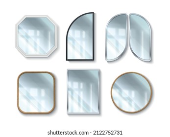 Different shapes mirrors. Realistic blurry reflection glass surfaces. Wooden and metal geometric frames. Hanging on wall home furniture. Vector modern interior decoration