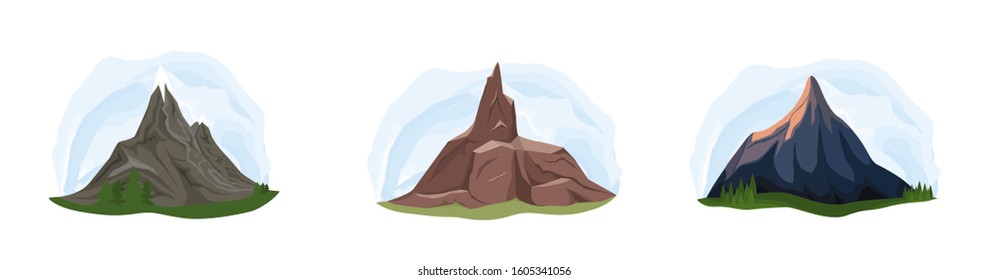 Different shapes of mountains. Nature landscape, volcano, hill tops, iceberg, mountain range, barrow. Outdoor adventure, travel, tourism, camping and hiking design elements. Vector illustration.