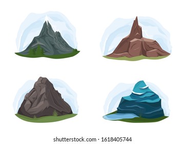 Different shapes of mountains. Nature landscape, volcano, hill tops, iceberg, mountain range, barrow. Outdoor adventure, travel, tourism, camping and hiking design elements. Vector illustration.