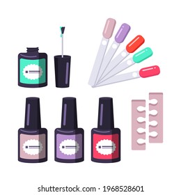 Different shapes of nail polish bottle, divider and colour picker. Manicure tools. Caring for the health of hands and nails. Beauty salon icons. Vector flat illustration.