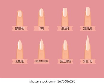 Different shapes of nails. Types of fashion Different nail shapes. Various manicure