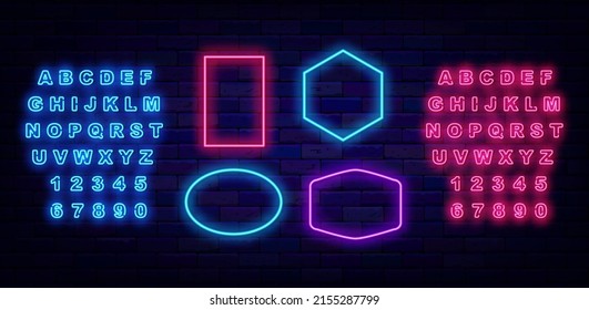 Different shapes neon frames collection. Multicolored shine framing. Empty signboard. Bright blue and pink alphabet. Glowing poster on brick wall. Editable stroke. Vector stock illustration