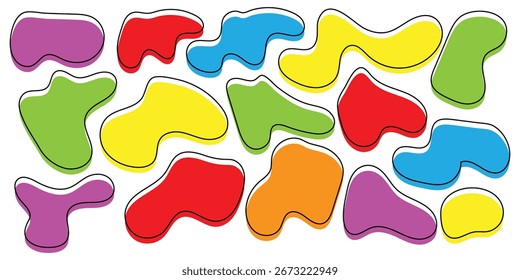 Verschiedene Formen umreißen glatte Blasen Form Vektorsatz. Farbige grafische Blot-Elemente. Glatt einzigartiges Vektorsymbol auf weißer Seite gesetzt. Modernes, einzigartiges Farbblob-Set-Symbol. BLOB-Symbolsatz. 