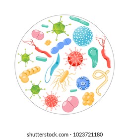 different shapes of pathogens: viruses (ebolavirus, hepatitis, rotavirus, adenovirus, papillomavirus, influenza) bacteria (staphylococci; streptococci, coli, bacilli), and toxoplasma. Set icons