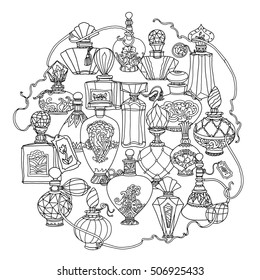 different shapes of perfume bottles and ribbons. in coloring book zen art style. Hand-drawn, retro, doodle, vector, contoured. Black and white. The best for design, textiles, cards, coloring book