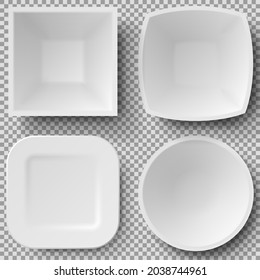 Different shapes of realistic food plates and 3d dishes vector set. Plates for restaurant, empty utensil and dishware. Cookware, china, crockery of various shapes and sizes for serving dishes in cafe