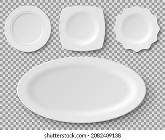 Different shapes of realistic food plates and dishes set. Plates for restaurant, empty 3d utensil and dishware. Cookware, china of various shapes and sizes for serving dishes vector illustration