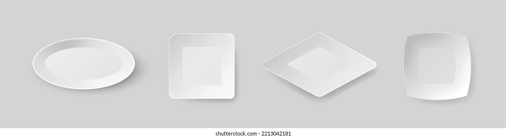 Different shapes of realistic food plates, dishes and bowls set. Tableware white ceramics dish for restaurant, empty utensil and dishware. 3d vector illustration