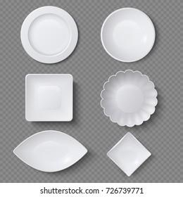 Different shapes of realistic food plates, dishes and bowls vector set. Plate dish for restaurant, empty utensil and dishware illustration