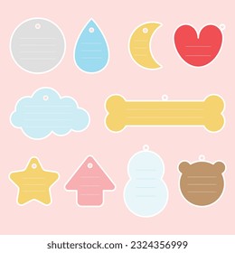 Different shapes round, water drop, moon, heart, cloud, bone, star, arrow, snowman, bear tag vector illustration. Tag can identify product or shipping information. Tag or label is easy to use.