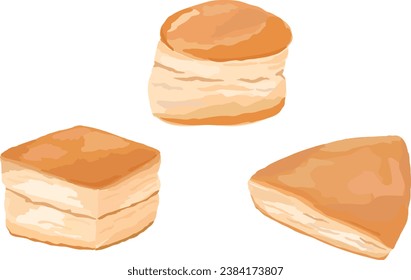 Different shapes of scones, rounds, squares and triangles. Hand drawn vector illustration. 