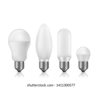 Different shapes and size, fluorescent or LED light bulbs with white matt glass and E27 base 3d realistic vector set isolated on white background. High efficient, longer lifespan lamps illustration