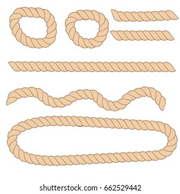Different shapes, size horizontal brown ropes isolated on white background.