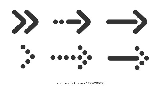 Different shapes sizes black flat arrow set. Icons vector collection. Pointer solid or spot symbol illustration. Right direction sign. Interface, application, navigation design. Orientation element