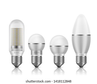 Different shapes and sizes LED bulbs with heat sinks or fins, E27 base, screw-type socket 3d realistic vector set isolated on white background. Modern, high efficient lamps cross section illustrations