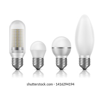 Different shapes and sizes, modern high efficient, longer high-power bulbs with SMD LED chips module inside, matted glass, heat fin cross section 3d realistic vector set isolated on white background