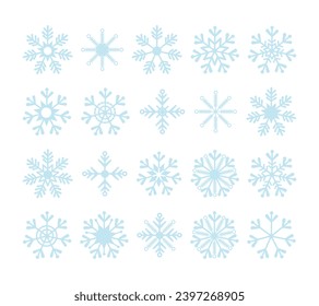 Diferentes formas de copos de nieve, conjunto de cristales de nieve. Elementos de invierno para la decoración de Navidad y Año Nuevo, símbolos meteorológicos. Ilustración vectorial.