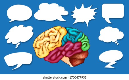 Different shapes of speech bubbles and colorful brain illustration
